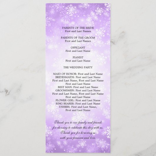 Hochzeitsprogramm Lila Winterwunderland Sparkle Programm (Rückseite)
