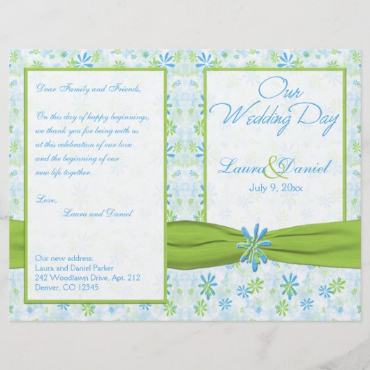 Hochzeitsprogramm "Lime Green and Blue Floral" (Vorderseite)