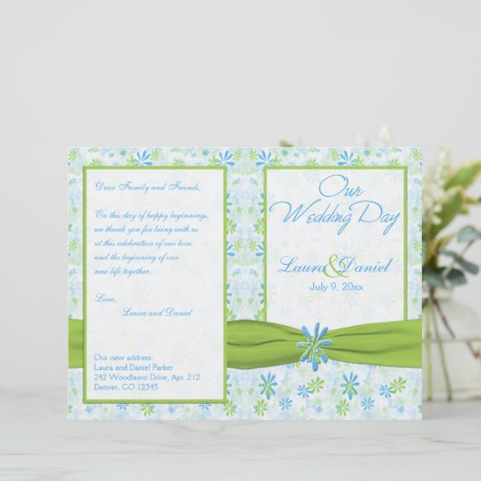 Hochzeitsprogramm "Lime Green and Blue Floral" (Stehend Vorderseite)