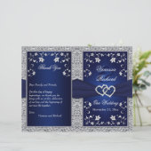 Hochzeitsprogramm | Marine, Silver Floral, Herz (Stehend Vorderseite)