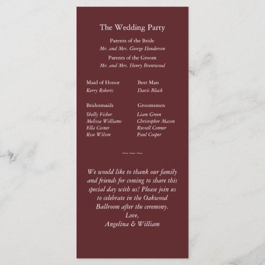 Hochzeitsprogramm - Marsala Twinkle Lights Programm (Rückseite)