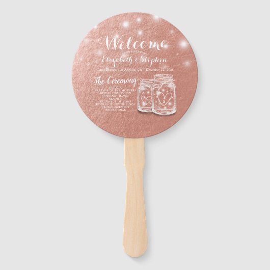 Hochzeitsprogramm Mason Jars String Lights Rose Go Fächer (Vorderseite)