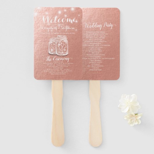 Hochzeitsprogramm Mason Jars String Lights Rose Go Fächer (Vorne und Hinten)