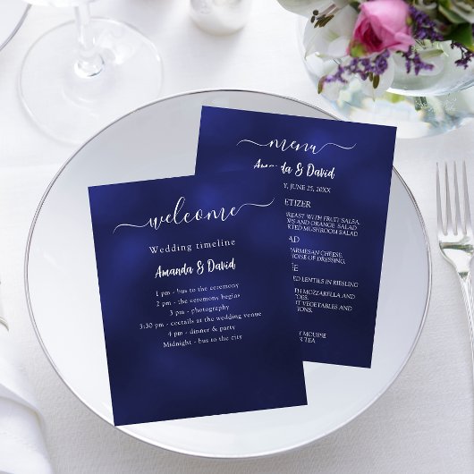 Hochzeitsprogramm Menü mit blauen weißen Budget