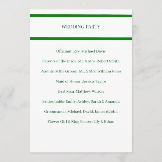 Hochzeitsprogramm Minimalistische grüne Randkarte Programm (Vorderseite)