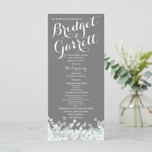 Hochzeitsprogramm Mint and Gray Twinkle Lights Programm (Stehend Vorderseite)
