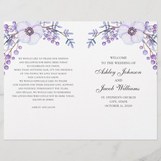 Hochzeitsprogramm mit Blumen gefaltet. Lila Blumen (Vorderseite)