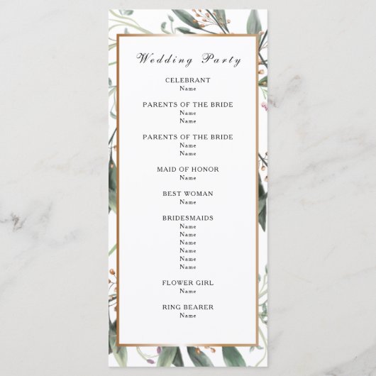 Hochzeitsprogramm mit elegantem Blattgold in Aquar Programm (Rückseite)