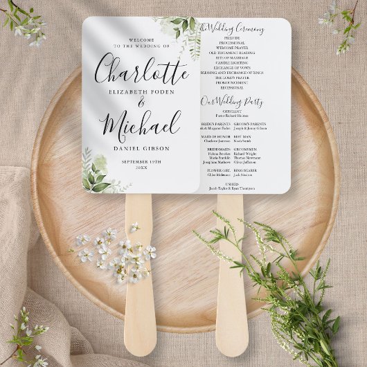 Hochzeitsprogramm mit grünen Blättern und Untersch Fächer