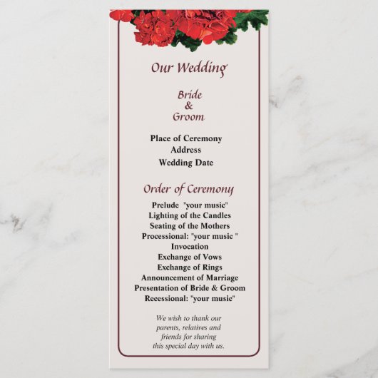 Hochzeitsprogramm mit mehreren roten Geranien Programm (Vorderseite)