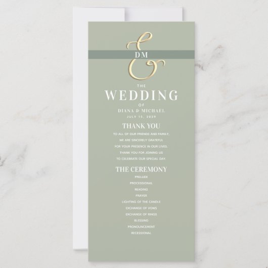 Hochzeitsprogramm mit Monogramm in Salbeigrün (Vorderseite)