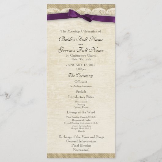Hochzeitsprogramm mit Spitzen und violetter Schlei Programm (Vorderseite)