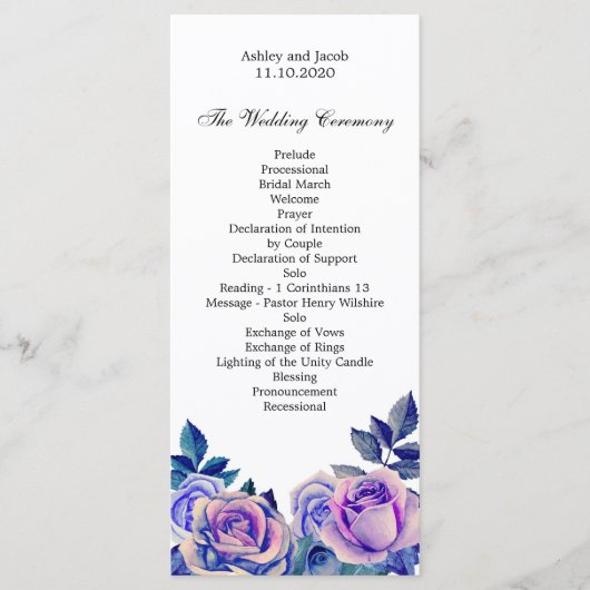 Hochzeitsprogramm mit violetten Rosen. Florale Zer Programm (Vorderseite)