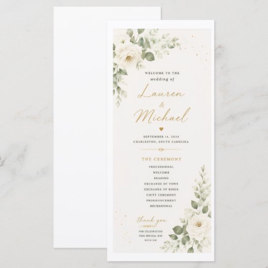 Hochzeitsprogramm mit weißen Rosen Programm (Vorne/Hinten)
