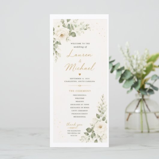 Hochzeitsprogramm mit weißen Rosen Programm (Stehend Vorderseite)