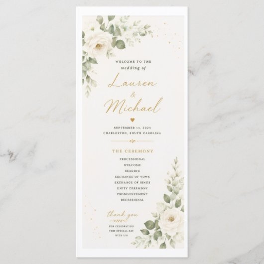 Hochzeitsprogramm mit weißen Rosen Programm (Vorderseite)