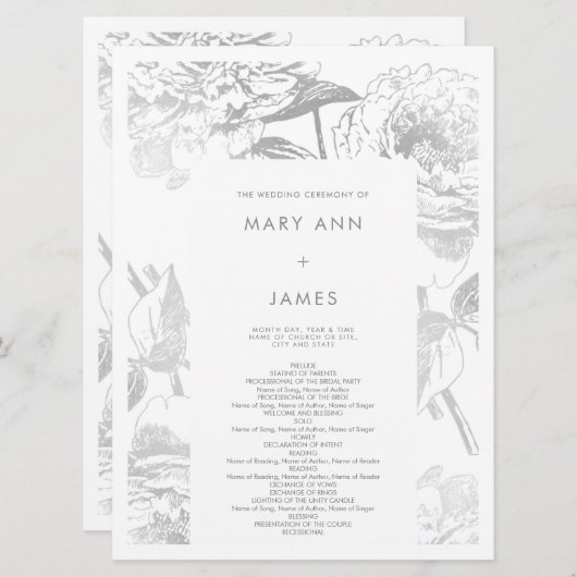 Hochzeitsprogramm Modernes, einfaches Blumensilber Programm (Vorne/Hinten)