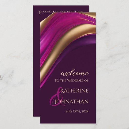 Hochzeitsprogramm - Modernes Lila Fuchsien und Gol (Vorne/Hinten)