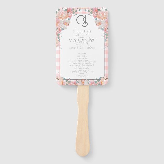 Hochzeitsprogramm | Monogram Coral Gingham Floral Fächer (Vorderseite)