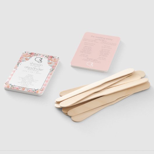 Hochzeitsprogramm | Monogram Coral Gingham Floral Fächer (Non-assembled)