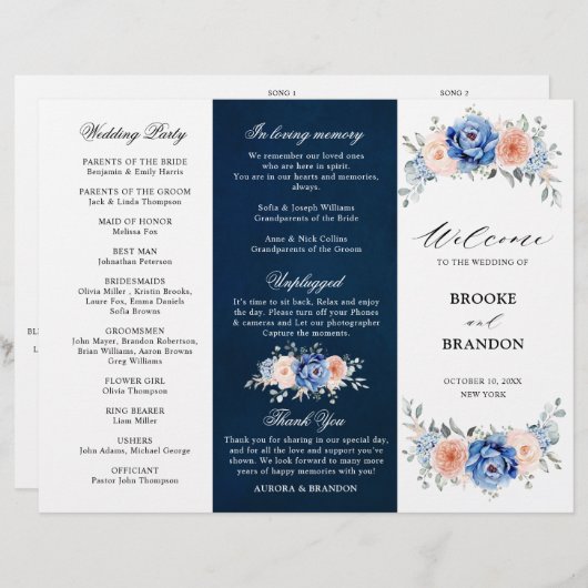 Hochzeitsprogramm Navy Blue Slate Dusty Blush Pink (Vorne/Hinten)