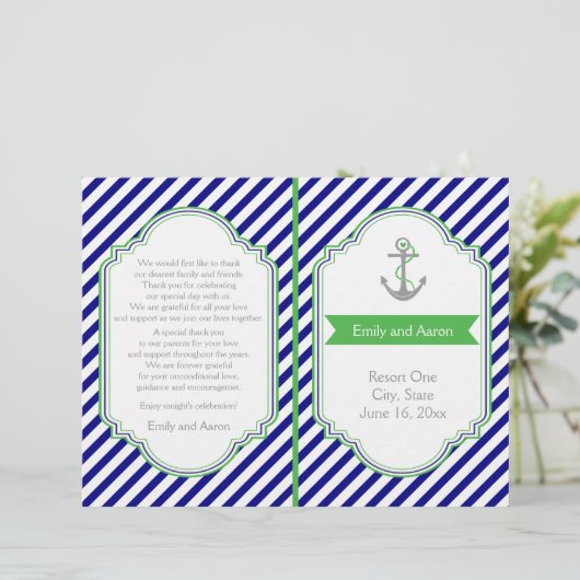 Hochzeitsprogramm Navy, Green nautical (Stehend Vorderseite)