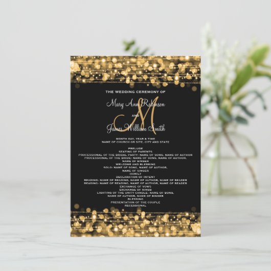 Hochzeitsprogramm Party Glitzern Gold Einladung (Stehend Vorderseite)
