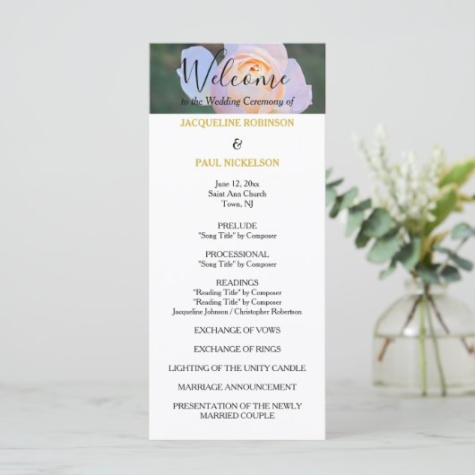 Hochzeitsprogramm Pastel Pink Roses Gold NAMES Programm (Stehend Vorderseite)