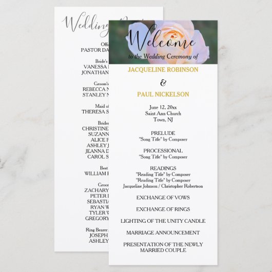 Hochzeitsprogramm Pastellrosa Rosen Gold NAMEN Programm (Vorne/Hinten)