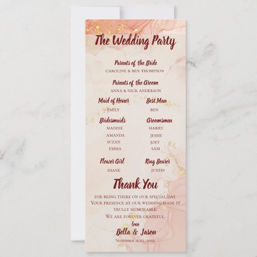 Hochzeitsprogramm Peach Gold Marble Party Program Einladung (Rückseite)