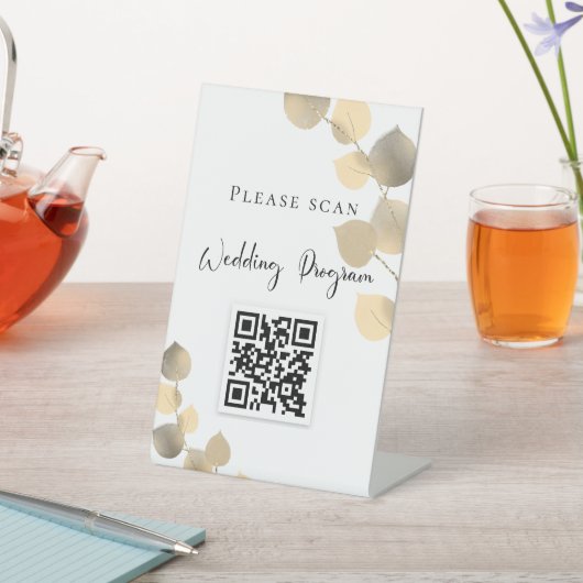 Hochzeitsprogramm QR-Code Eukalyptus golden Sockelschild (In SItu)