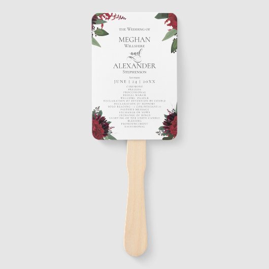 Hochzeitsprogramm | Rich Burgundy Marsala Floral Fächer (Vorderseite)