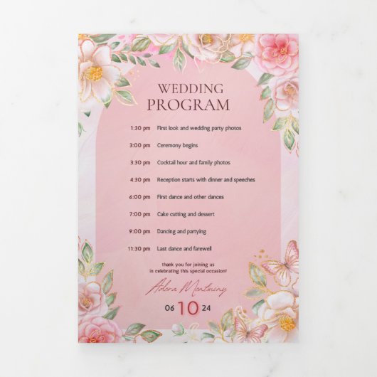 Hochzeitsprogramm – Rosa Blumen & Schmetterling De Dreifach-gefaltete Programmkarte (Cover)