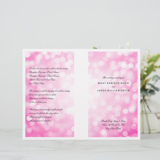 Hochzeitsprogramm Rosa Glitzer Lights (Stehend Vorderseite)