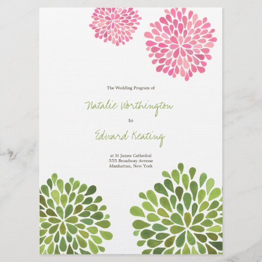 Hochzeitsprogramm Rosa grüne Blume blüht Programm (Vorderseite)