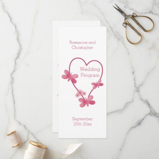Hochzeitsprogramm Rosa Herz und Schmetterlinge Programm (Vorderseite/Rückseite Beispiel)