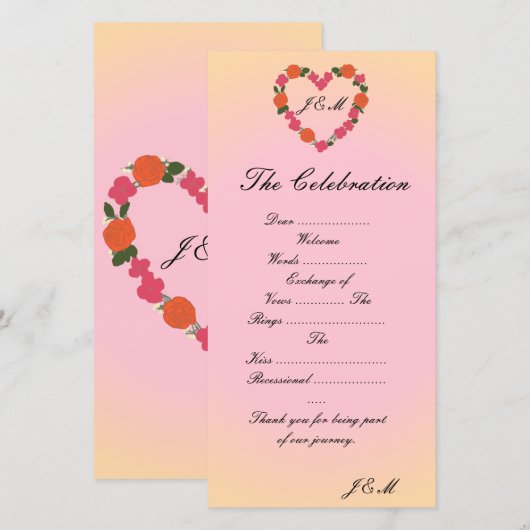Hochzeitsprogramm rosa und orange florales Herz (Vorne/Hinten)