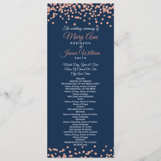 Hochzeitsprogramm Rose Gold Glitzer Confetti Navy Programm (Vorderseite)
