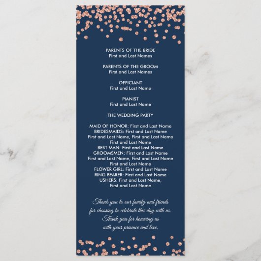 Hochzeitsprogramm Rose Gold Glitzer Confetti Navy Programm (Rückseite)