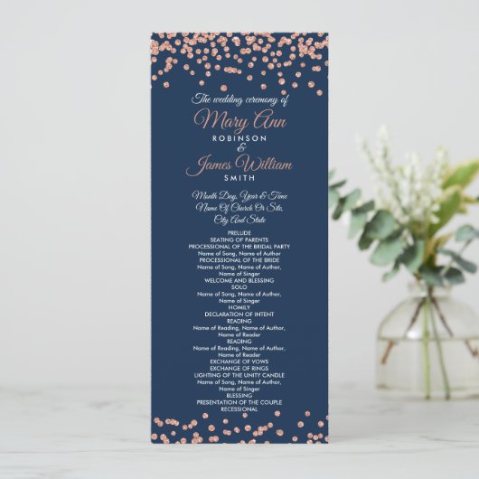 Hochzeitsprogramm Rose Gold Glitzer Confetti Navy Programm (Stehend Vorderseite)