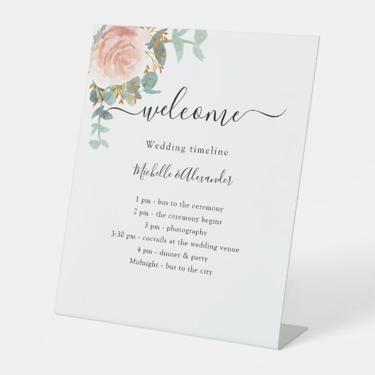 Hochzeitsprogramm Rose Goldflora Sockelschild (Vorderseite)