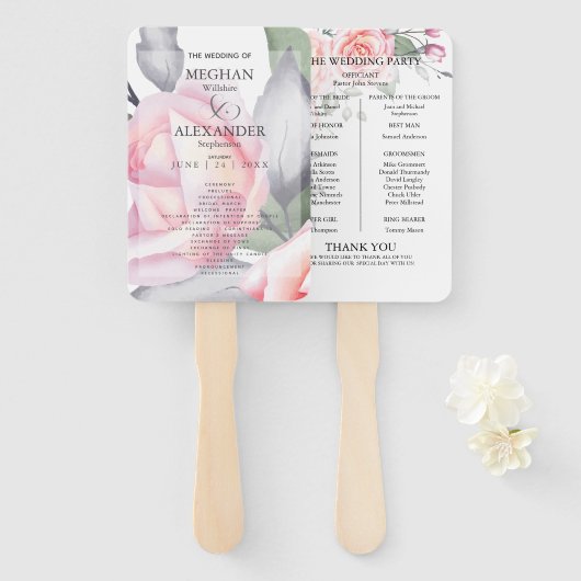 Hochzeitsprogramm | Rosen in Aquarellfarbe Fächer (Vorne und Hinten)