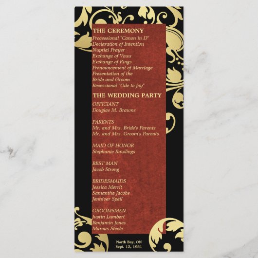 Hochzeitsprogramm - Rote und goldene Textur Blüte Programm (Rückseite)