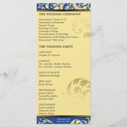 Hochzeitsprogramm - Royal Blue & Gold Shimmer Programm (Rückseite)