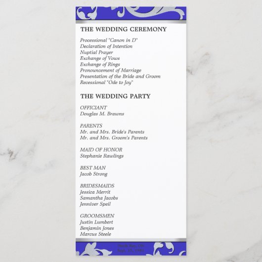 Hochzeitsprogramm - Royal Blue Silver Sparkle Swir Programm (Rückseite)