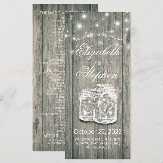 Hochzeitsprogramm Rustic Wood Mason Jar String Lig Programm (Vorne/Hinten)