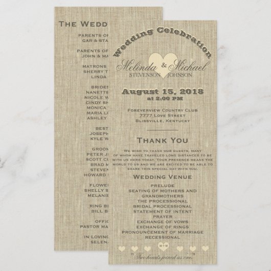 Hochzeitsprogramm Rustikale Linen Programm (Vorne/Hinten)