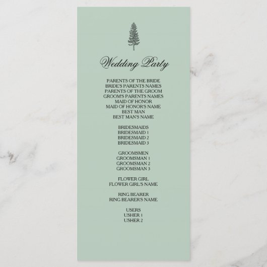Hochzeitsprogramm, rustikaler Pinienbaum - Grün Programm (Rückseite)
