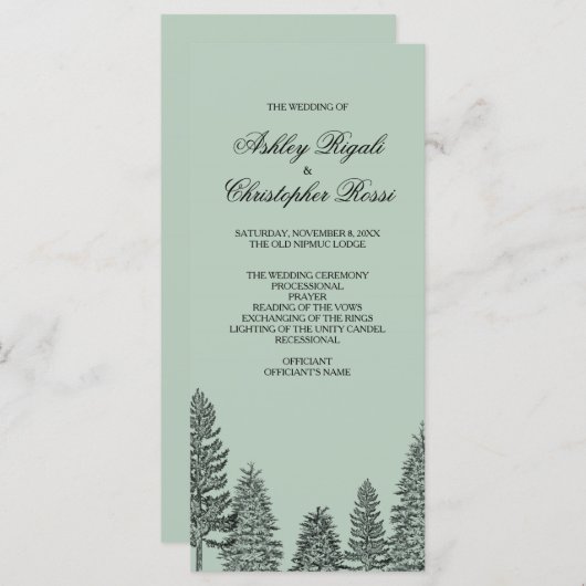 Hochzeitsprogramm, rustikaler Pinienbaum - Grün Programm (Vorne/Hinten)