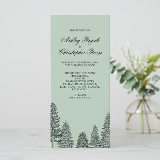 Hochzeitsprogramm, rustikaler Pinienbaum - Grün Programm (Stehend Vorderseite)